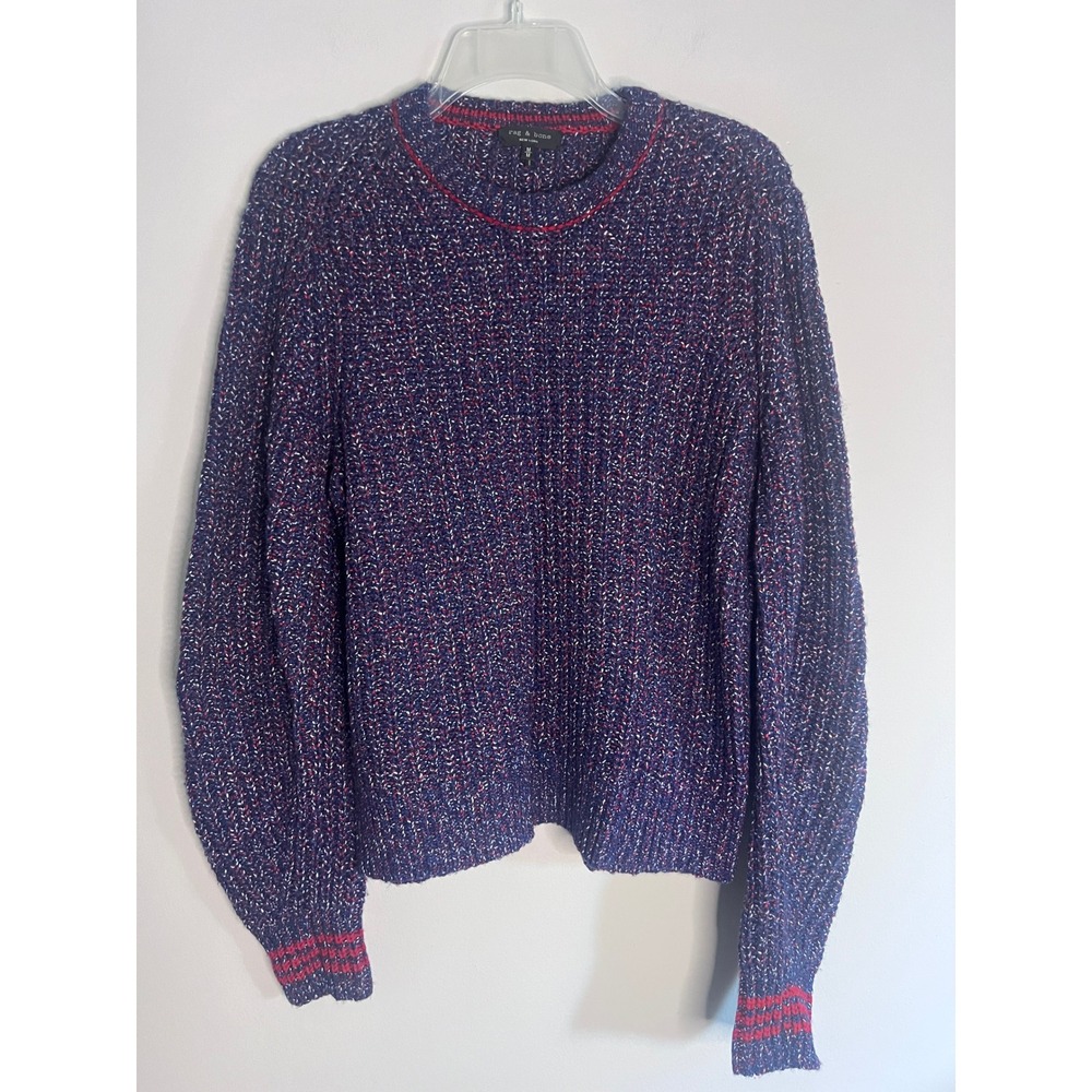 Rag & Bone Merino Wool Blend Chunky Knit Sweater Navy Blue Red Marl Size M